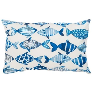 Tropical Nautical Fish Print XL Rectangular Cushion. Marine Blue & White. 23x15" - Picture 1 of 3