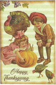 Vintage Thanksgiving Postcard RETRO Antique NEW REPRINT Turkey Boy Girl Pumpkin - Picture 1 of 2