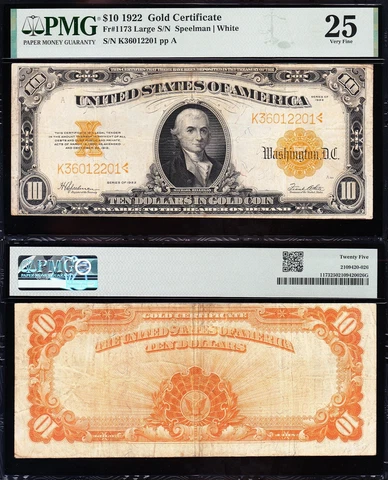 VERY NICE Bold & Crisp VF+ 1922 $10 GOLD CERTIFICATE! PMG 25! FREE SHIP! 12201 Cover