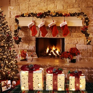 Set of 3 Christmas Tree Decorations Lighted Gift Boxes Ornaments Xmas Home Decor - Picture 1 of 6