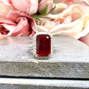 Certified Lab Created Diamond & Red Ruby Ring 4.95 Ct Emerald Cut 950 Platinum - Picture 1 of 7