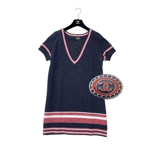 Abito CHANEL maglia manica corta viola navy maglia cocco 40