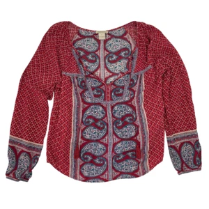 Top Lucky Brand Kat stampa mista nappe paisley rosso bohemien donna piccolo - Foto 1 di 9
