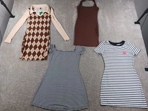 Shein Lot Of 3 Womens Dress US 4 Brown White Stripe Argyle Short Sleeve - Picture 1 of 20