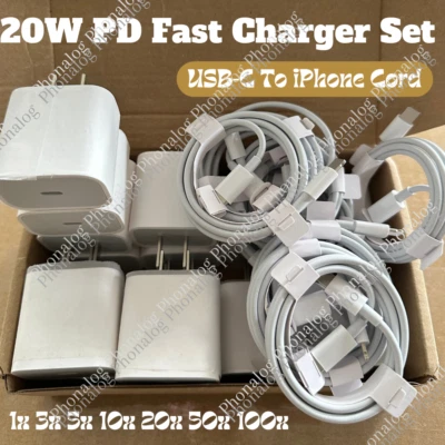 Lote a Granel Para iPhone 14 13 11 20W Adaptador de Alimentação USB Tipo-C Carregador Rápido Cabo PD - Imagem 1 de 4