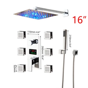 12" Shower Faucet Set LED Rain Head Mixer Digital Valve 6 Massage Spray Jets Tap - Picture 1 of 10