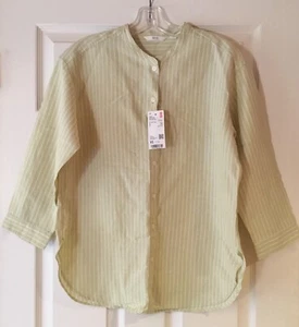 Uniqlo Women Linen Blend Band Collar 3/4 Sleeve Striped Shirt Size XS Green NEW - Picture 1 of 14