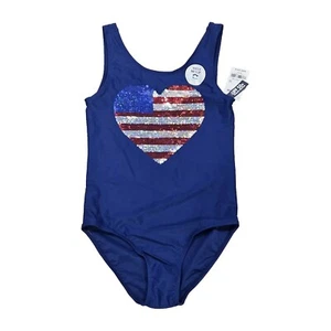 OshKosh Girl Blue July 4th Flip Sequin Heart Flag One Piece Bikini Swimsuit 12 - Picture 1 of 5