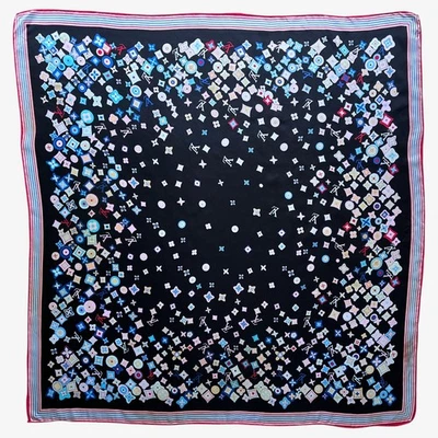 Vintage Y2K Louis Vuitton Geometric LV & Abstract Floral Print Black Silk Scarf - Image 1 of 4