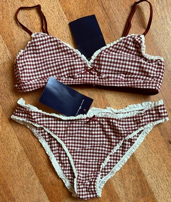 Conjunto xadrez Brandy Melville borgonha sutiã bralette top e calcinha Gingham roupa íntima - Imagem 1 de 3