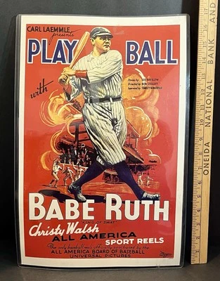 Vtg 1934 New York Yankees Babe Ruth Play Ball 11x17 Litho Poster Print In Sleeve - Image 1 of 4