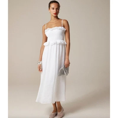 NEW J.Crew Ravenna Dress Ramie Ruffle Lightweight Smocked Midi White Small  - Image 1 of 4