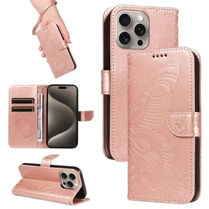 For iPhone 16 Pro Max 15 14 13 Mini 12 11 Butterfly Embossed Flip Leather Wallet - Picture 1 of 30