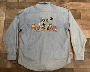 Vtg 1990s Y2K Disney Store Button Up Denim Jean Shirt Mickey Donald Goofy Size M - Picture 1 of 12