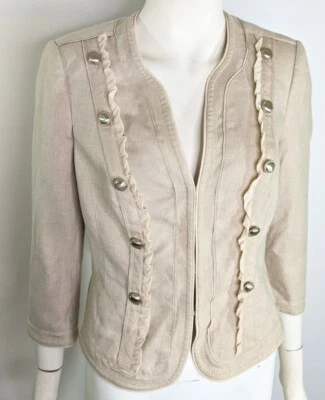 Linen Jacket Womens 6 Gold Beige Blazer Sparkles Buttons Ruffles Fitted LS WHBM - Image 1 of 4