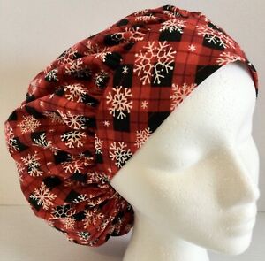 Christmas Red Plaid Snowflake Scrub Cap Large Bouffant Medical Surgery Chef Hat