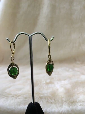 Earrings - Emerald Green Glass in golden cage.  Gold plated leaver backs - Image 1 of 4