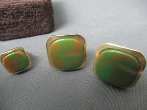 Vintage Men's Anson Cuff Links & Tie Clasp - Matted Green & Orange - 6 123 - Picture 1 of 2