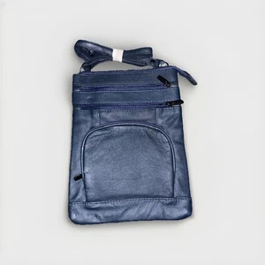 Women's Navy Blue Leather Crossbody Bag Shoulder Purse Outside Pockets 10x7.5 - Picture 1 of 8