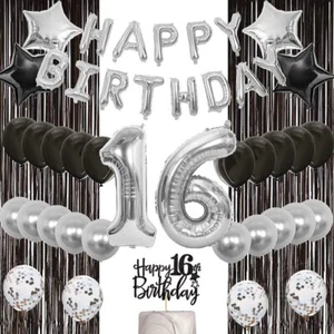 16th Birthday Decorations Black Silver Sweet sixteen Birthday Party Supplies ... - Picture 1 of 6