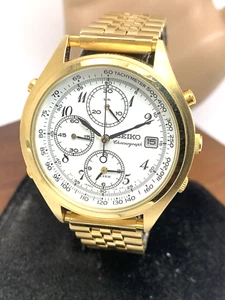 Reloj Seiko Hombre Cuarzo Cronógrafo Vintage Años 90 Esfera Blanca Tono Dorado Acero 39mm - Imagen 1 de 11
