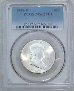 1948 D Franklin Half Dollar PCGS MS63FBL Full Bell Lines Frosty White #J32A - Picture 1 of 4