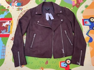 NWT Ann Taylor Faux Suede Moto Jacket XS True Chocolate Deep Dark Brown Zipper - Picture 1 of 5