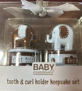 Baby Essential Tooth & Curl Holder Keepsake Box Set Blue & Brown Elephants New - Picture 1 of 8
