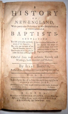 1777 Antique Isaac Backus HISTORY OF NEW ENGLAND AND THE BAPTIST CHURCH 1ST-ED! - Image 1 of 4