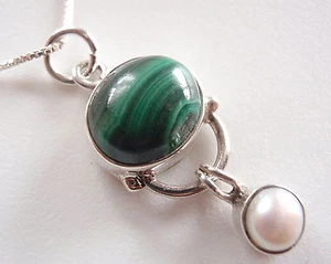 Malachite and Cultured Pearl 925 Sterling Silver Pendant Corona Sun Jewelry d56a - Picture 1 of 3