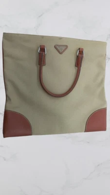 Подлинный PRADA сумка с короткими ручками верхний ручки холст бежевый кожаный оранжевый логотип w/пыли сумка - Изображение 1 из 4