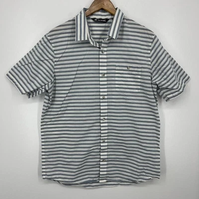 Travis Mathew Short Sleeve Button Shirt Men's L White Blue Striped Pocket Logo - Image 1 of 4