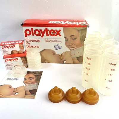 VTG Playtex Nurser Baby Bottle Lot Flat Top Latex Pull Over Nipples & Liners - Image 1 of 4