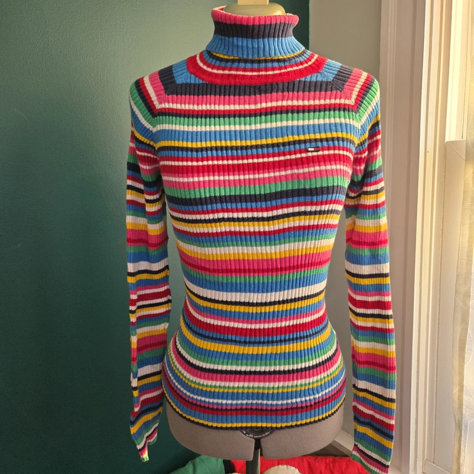 Suéter de cuello alto tejido a rayas arco iris grande vintage Tommy Hilfiger Y2K para mujer Foto 1 de 4