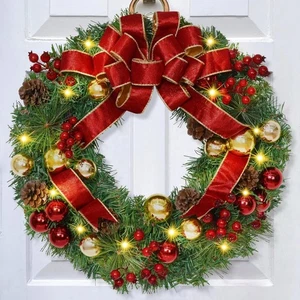 Christmas Wreaths for Front Door with Bow, 16" Christmas Door Wreath with Bal... - Picture 1 of 7