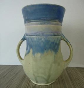VTG Blue Green Matte with Drips Double Handle Vase 5 in Made in Japan Unique Art - Picture 1 of 7