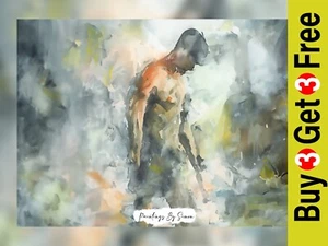 Reflective Nude Male Silhouette, Watercolor Painting Print 5"x7" on Matte Paper - Picture 1 of 7