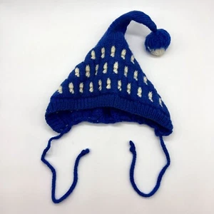 Vintage Blue Knit Elf Hat Kids Winter Cap Pom Pom Ear Flaps 80s - Picture 1 of 9