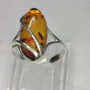 925 Sterling Silver & Genuine Baltic Amber Adjustable Ring - Picture 1 of 12