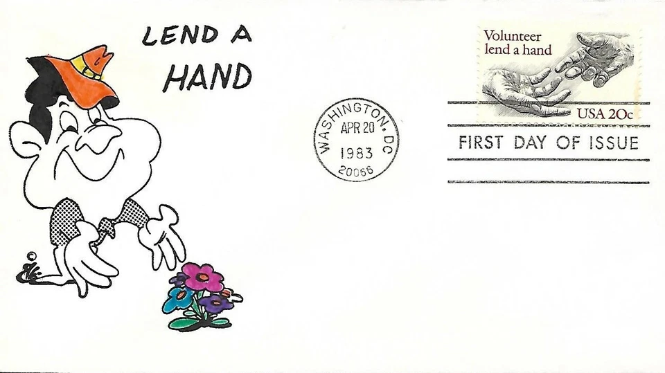 USA 1983 HAND PAINTED RICHARD ELLIS ANIMATED FDC + CACHET VOLUNTEER - Image 1 of 1