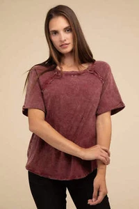 Camiseta Zenana Mineral Algodón Lavado Costura Expuesta Cuello Redondo en 3 Colores Nueva con Etiquetas - Imagen 1 de 33