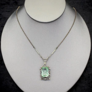 Fine Antique Art Deco 925 Sterling Silver + Sea Blue Mint Green Glass Necklace - Picture 1 of 5