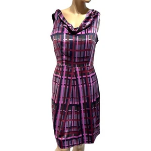 BANANA REPUBLIC SATIN Dress Size 8 Plaid Geo Print Pink Fuchsia Purple Cowl NWT - Picture 1 of 13