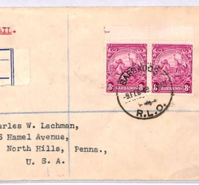 BARBADOS KGVI Cubierta 8d Magenta PAR Registrado 1949 Correo Aéreo EE. UU. {samwells} YX47 Foto 1 de 4