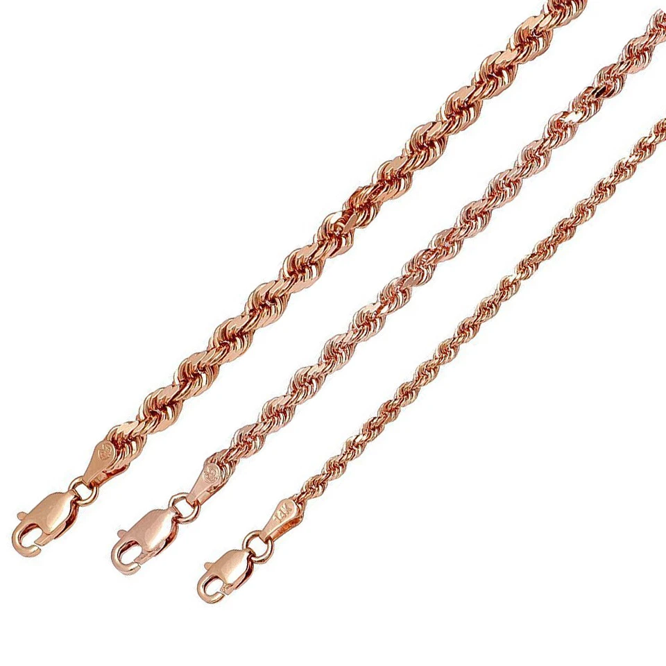Collar de cadena de cuerda de oro rosa macizo de 14k 2 mm-3 mm para hombre y mujer talla 16"-30" Foto 1 de 1