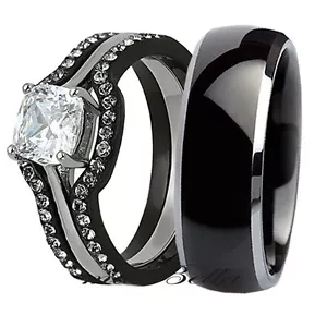 His Titanium Hers 4 Pcs Black Stainless Steel Wedding Engagement Ring Band Set - Picture 1 of 8