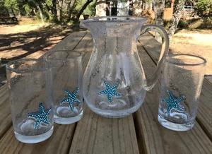 CLEAR BUBBLE GLASS WITH FUSED ~ AQUA "STARFISH"  ~ 4 PIECE BEVERAGE SET ~ - Picture 1 of 12