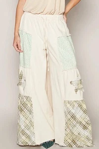 Pantalones POL Floral y Cuadros Patchwork Cordón en Niveles Pierna Extra Ancha en Beige - Imagen 1 de 4