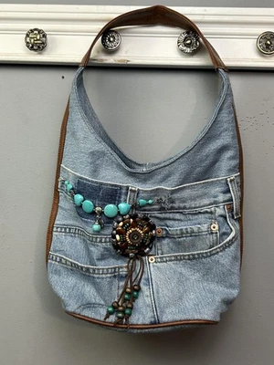 Handmade Upcycled Denim Jeans Shoulder Bag Hobo Purse Turquoise Beaded Boho - Image 1 of 4