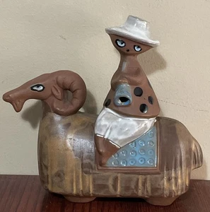 Terracotta Folk Art Glazed Pottery Handmade Figure on Ram Blue Lisa Larson? - Picture 1 of 11